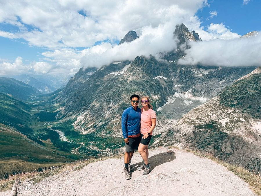 Helen and Andy at the summit of the magnificent Grand Col Ferret while hiking the Tour du Mont Blanc, Courmayeur, Aosta Valley, Italy