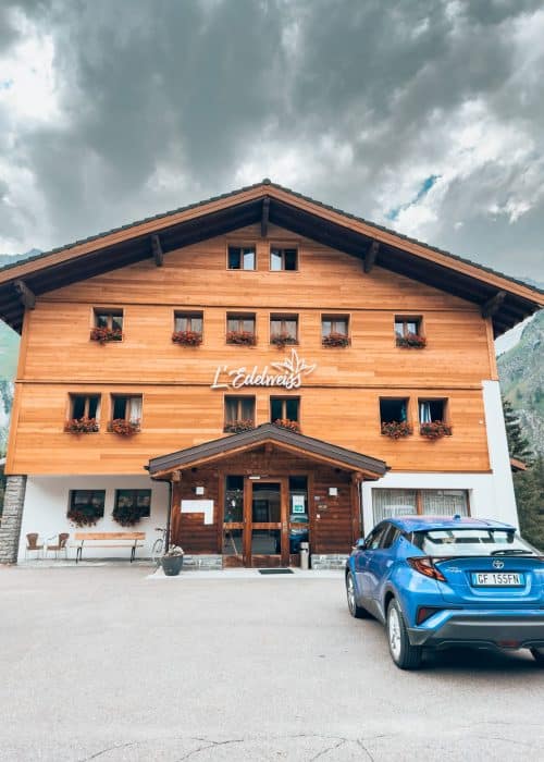 The exterior of the wooden Hotel Edelweiss in La Fouly, Tour du Mont Blanc, Switzerland