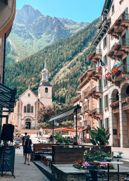 A church nestled at the foot of the mountains in the centre of Chamonix as a day trip from Annecy, France