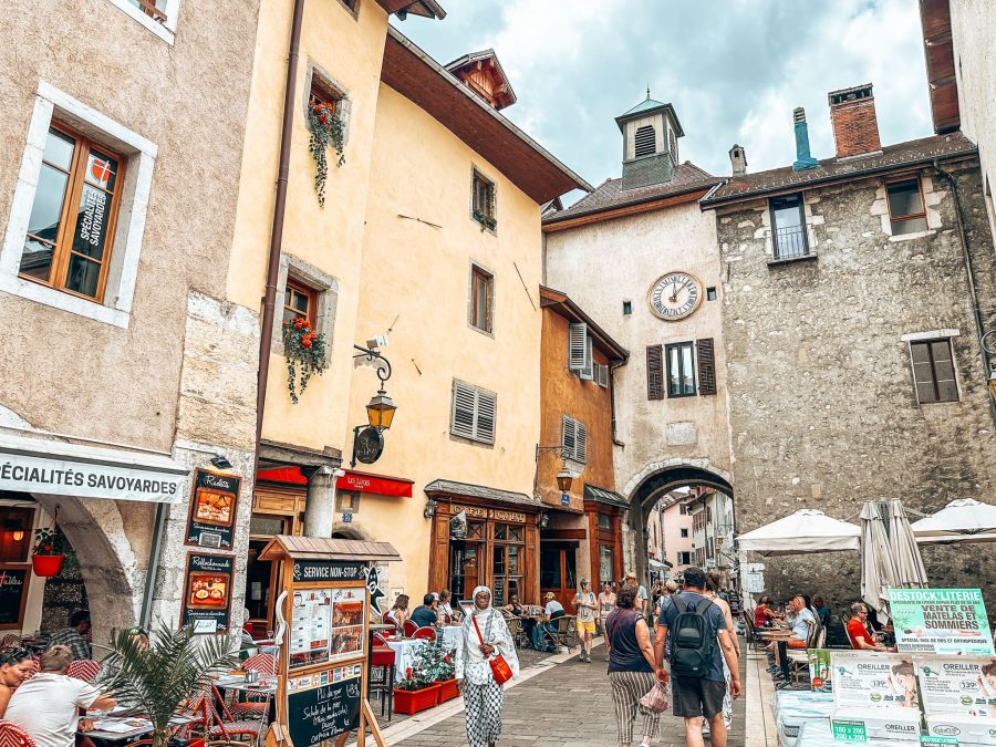 Sainte-Claire Gate with its bell tower above the Old Town's narrow streets, things to do in Annecy, France
