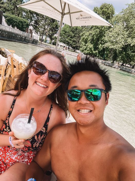 Helen and Andy drinking cocktails at Le Pop Plage, Imperial Beach, places to visit in Annecy