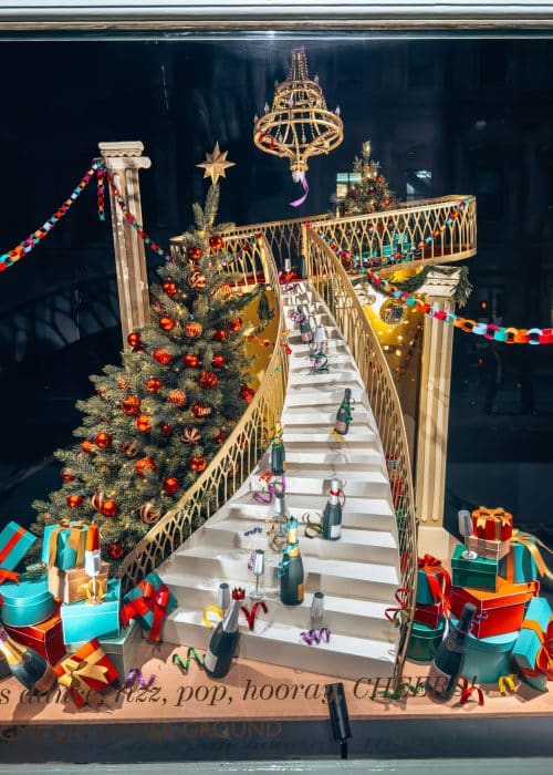 A beautiful window display at Fortnum & Mason Christmas decorations, London