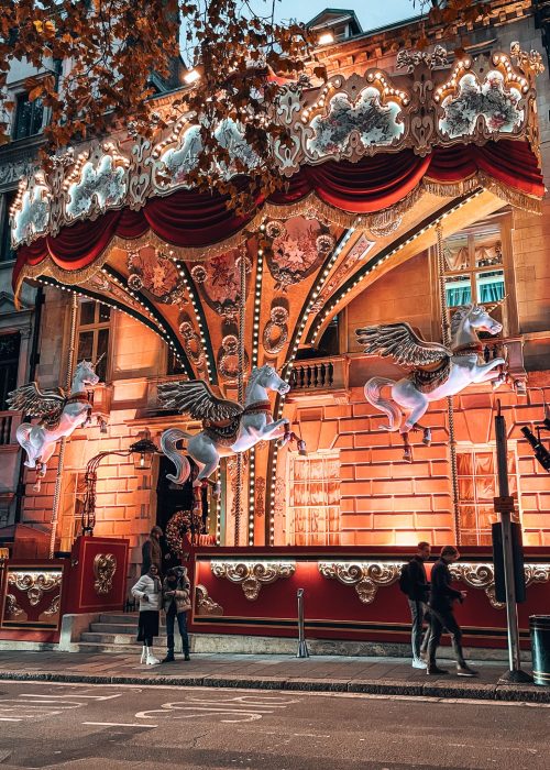 The exterior of Annabel's transformed into a massive carousel in London at Christmas 2022