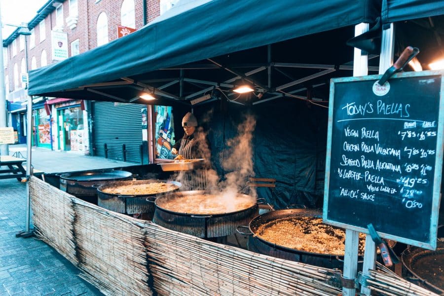 A paella food stall at Walthamstow Farmer's Market, one of the best things to do in Walthamstow, East London