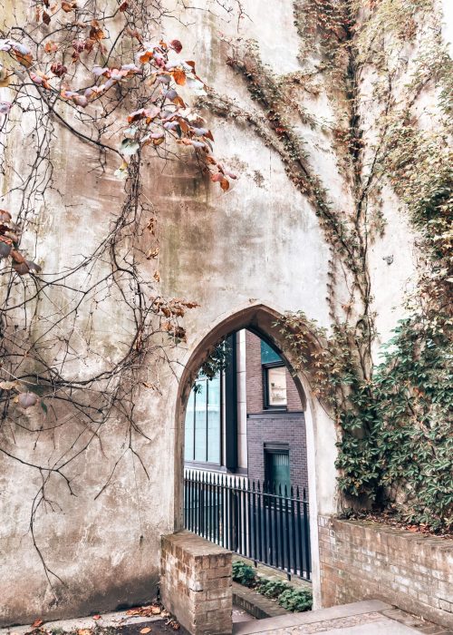 An archway with vines creeping above at St Dunstan in the East Church, City of London