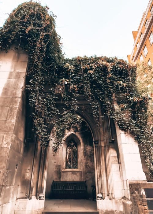 An archway with thick vines creeping down through the entrance of St Dunstan in the East Church, City of London