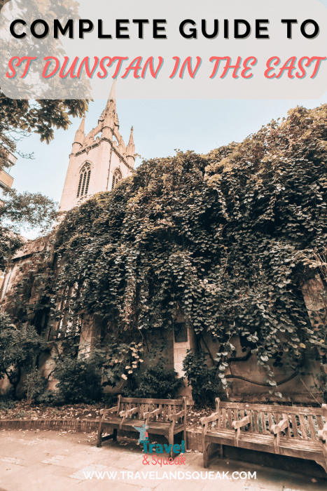 A pin on the complete guide to St Dunstan in the East Church with an image of the Wren tower towering above a vine-covered wall, London