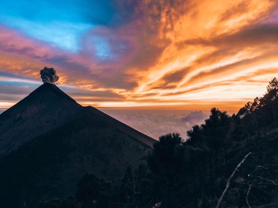 Reds, oranges, blues and purples from the sunset overlooking Volcan Fuego from Volcan Acatenango basecamp, Guatemala