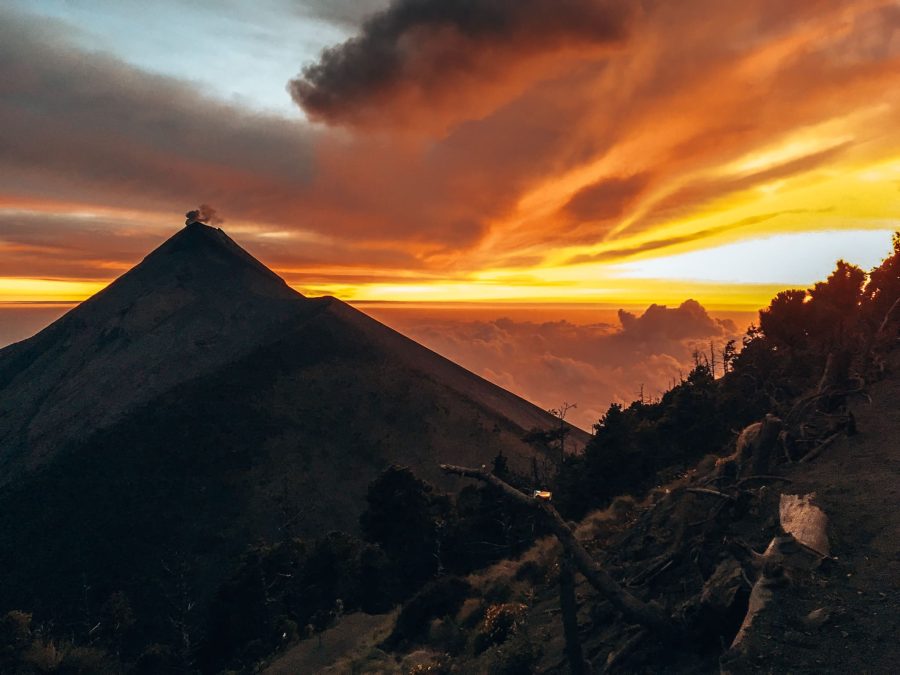 Deep fiery reds and yellows from sunset overlooking Volcan Fuego on our Volcan Acatenango hike, Guatemala