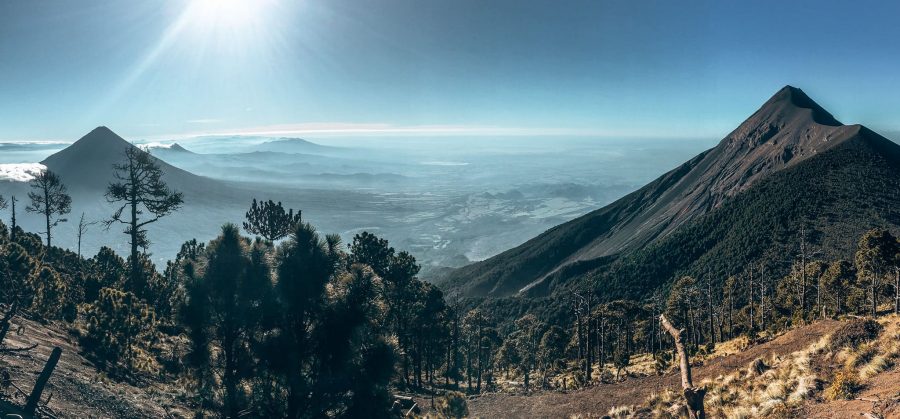 Panormaic view over the volcano-sprawled landscapes with Volcan Fuego and Volcan Agua, Guatemala