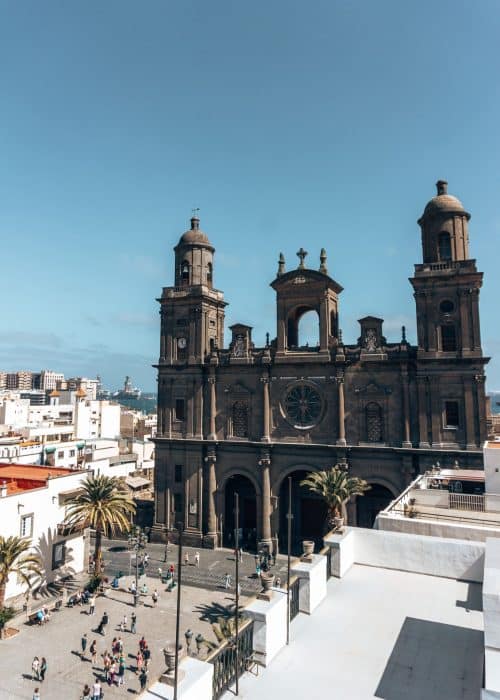 View from the Terraza Belvedere over the Plaza de Santa Ana and Santa Ana Cathedral, one of the best bars in Las Palmas, Gran Canaria