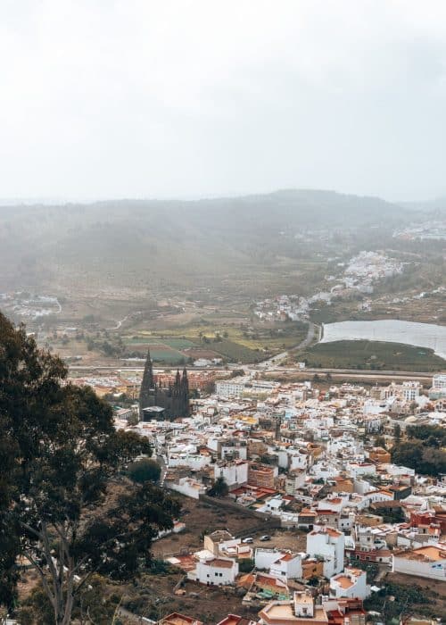 The viewpoint from Montana de Arucas with a view over the town and church of San Juan Bautista is one of the best things to do in Gran Canaria, Spain