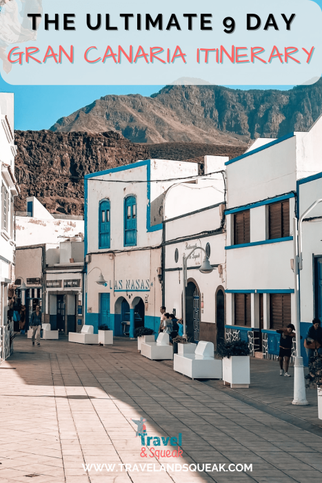 Pin on a Gran Canaria itinerary with an image of the white and blue buildings in Puerto de las Nieves with a dramatic mountain backdrop