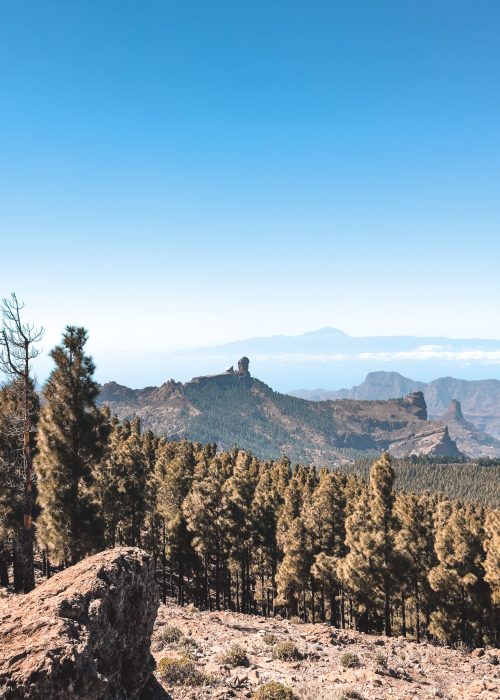 The view from the summit of Pico de las Nieves out to Roque Nublo and Mount Tiede in Tenerife, Tejeda, Gran Canaria