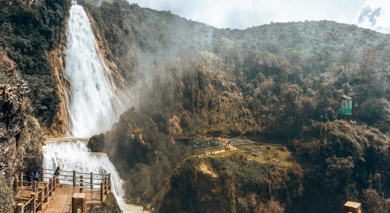 The magnificent El Chiflon Waterfall cascading from above down into the valley below surrounded by beautiful scenery, Mexico