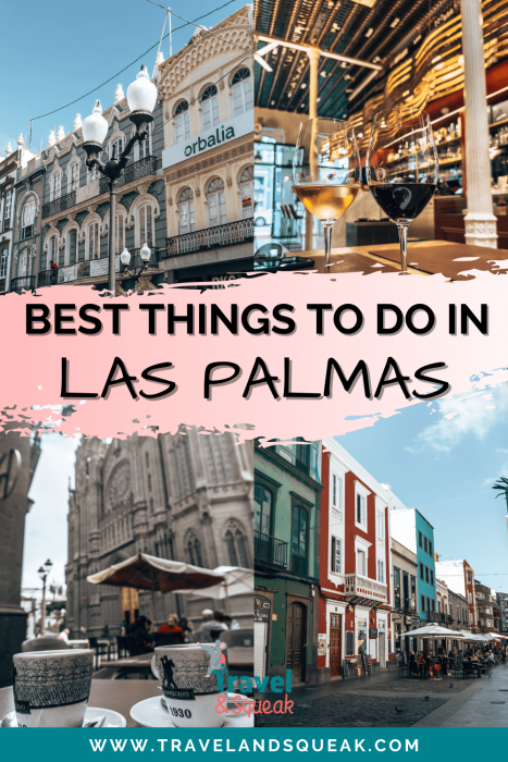 Pin on things to do in Las Palmas with images of quaint colourful streets, wines in a wine bar and coffees in front of San Juan Bautista de Arucas, Gran Canaria