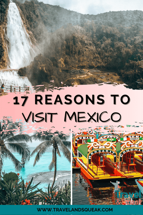 A pin on the best reasons to visit Mexico with images of the sea at Isla Mujeres, the colorful trajineras and El Chiflon Waterfall