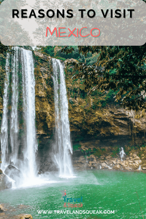 A pin on the best reasons to visit Mexico with an image of the stunning Misol-Ha waterfall in the jungle