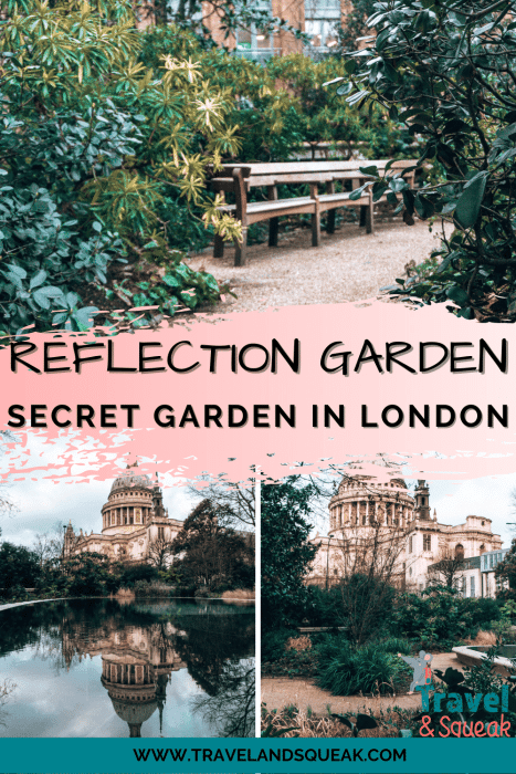 A pin on the Reflection Garden with images of St Paul's dome reflected in the pool and benches surrounded by greenery in the City of London