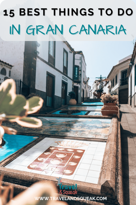 A pin on the best things to do in Gran Canaria with an image of the beautiful Paseo de Canaria in Firgas, Canary Islands, Spain
