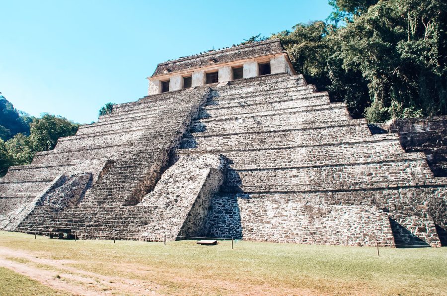 The impressive and imposing Temple of the Inscriptions at Palenque surrounded by tropical greenery, Yucutan Peninsula, Mexico