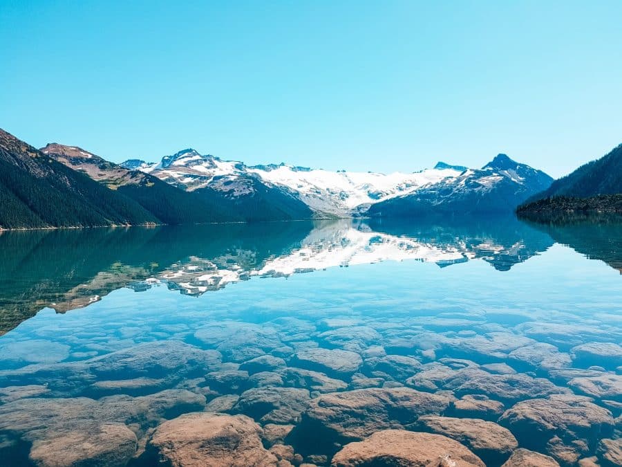 The shores of Garibaldi Lake looking across to Sphinx Glacier, Garibaldi Provincial Park, Whistler