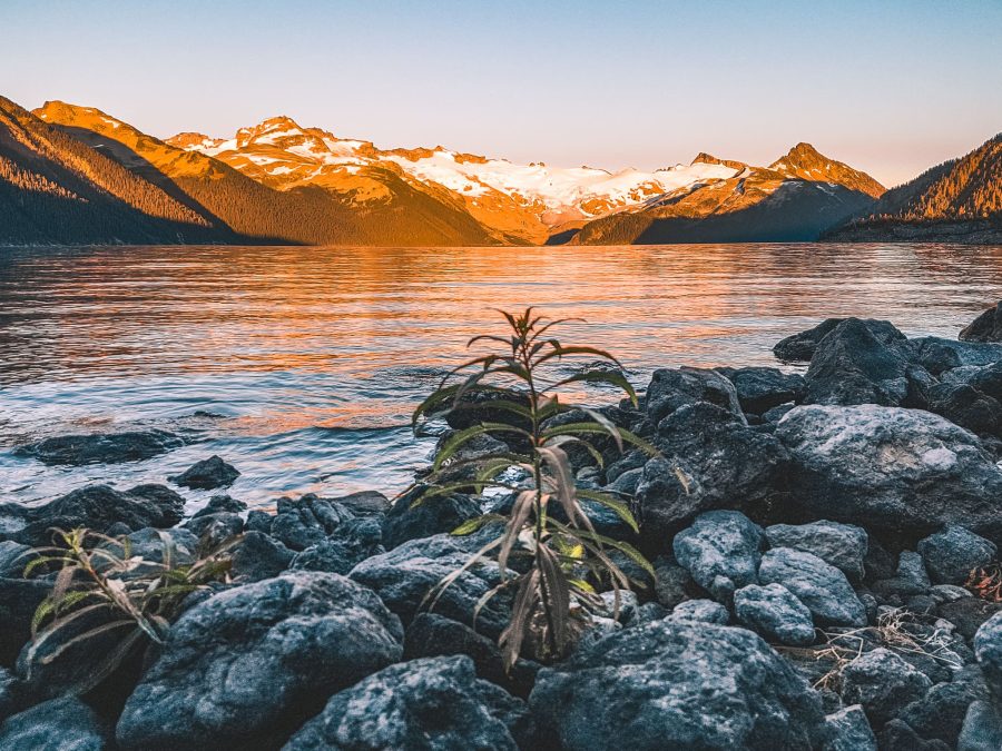 Sunset lighting up Sphinx Glacier with a magnificent fiery glow behind Garibaldi Lake, Whistler