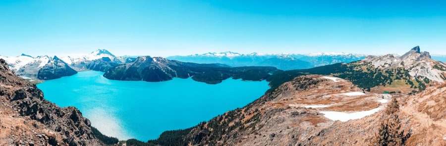 Panorama view across Panorama Ridge, Black Tusk, Helm Lake and Mimulus Lake, Garibaldi Provincial Park, Canada