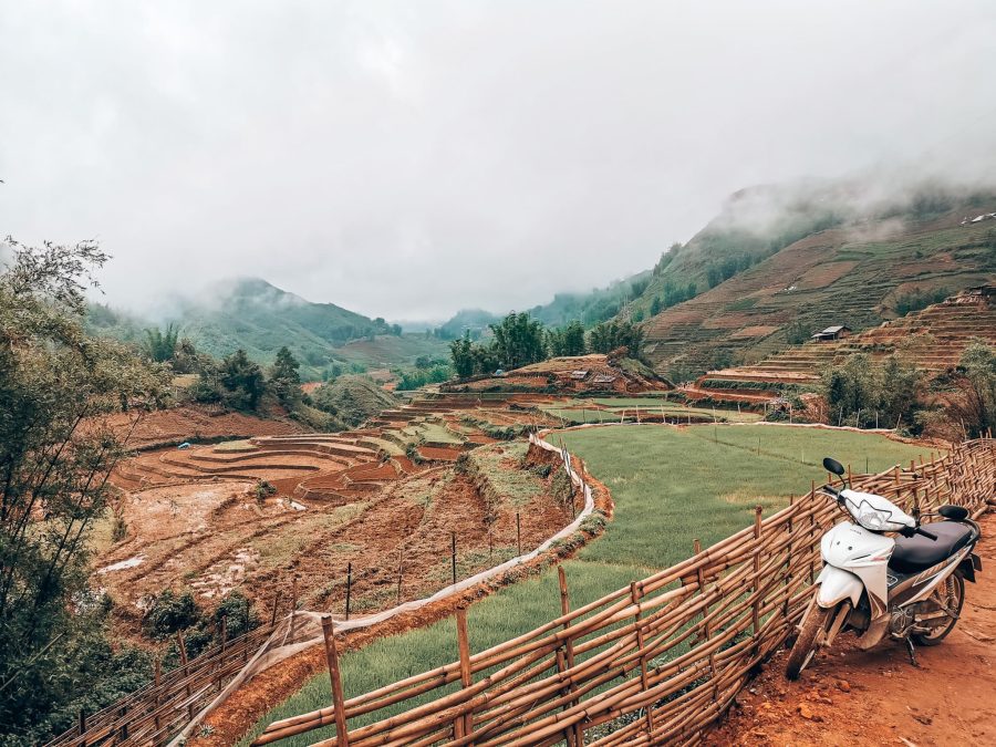 Endless lush rice terraces with a motorcycle parked on it in Sapa, one of the best places to visit in Vietnam