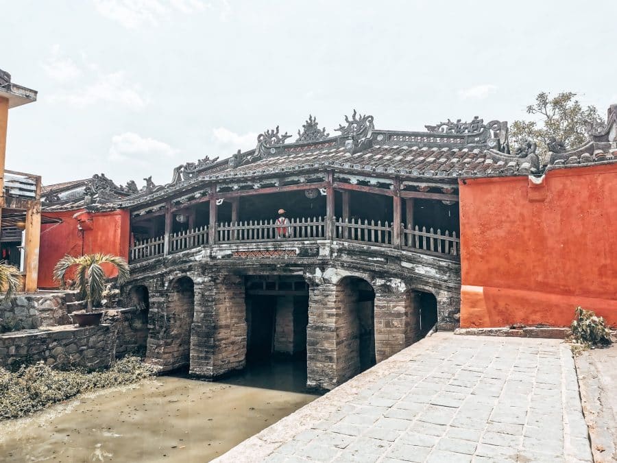 A beautiful red Japanese Covered Bridge in Hoi An Old Town, Vietnam