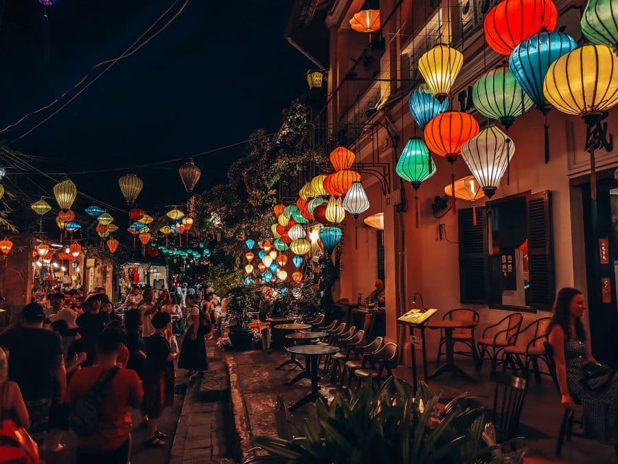 Multi-coloured lanterns line the buildings of Hoi An Old Town, one of the most beautiful places to visit in Vietnam, South East Asia