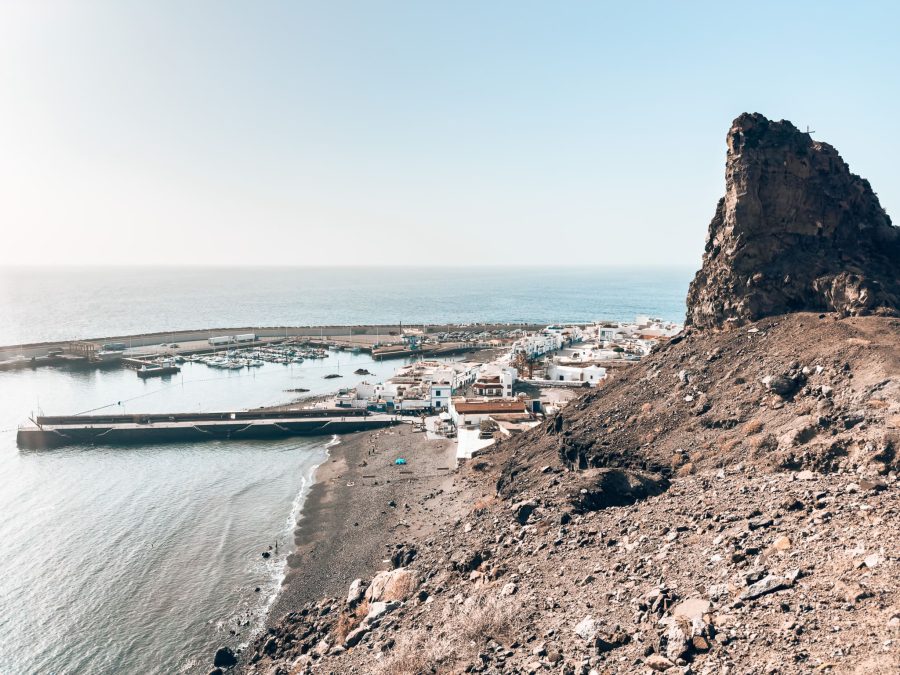 Looking down over Playa de las Nieves and the town from high in the Tamadaba National Park, Gran Canaria