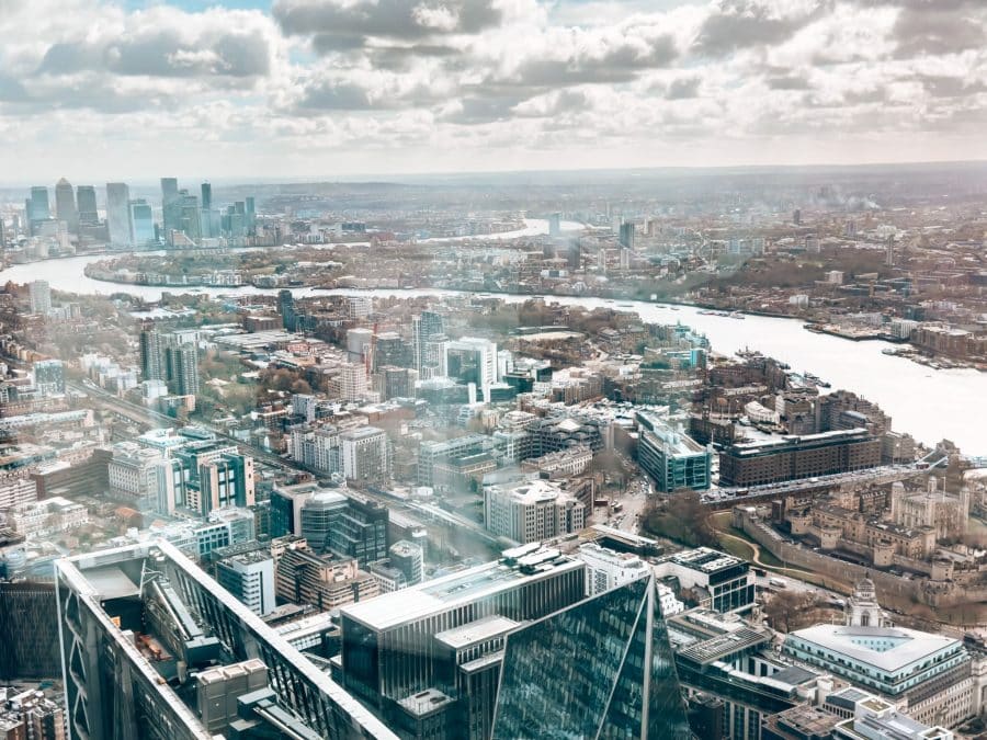 View to Canary Wharf and Maritime Greenwich on the bendy River Thames at Horizon 22 London, England