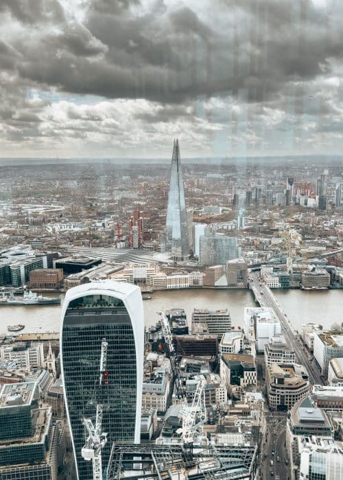 The Sky Garden in the Walkie Talkie Building in front of the River Thames and The Shard and out to South London, Horizon 22 Viewing Platform