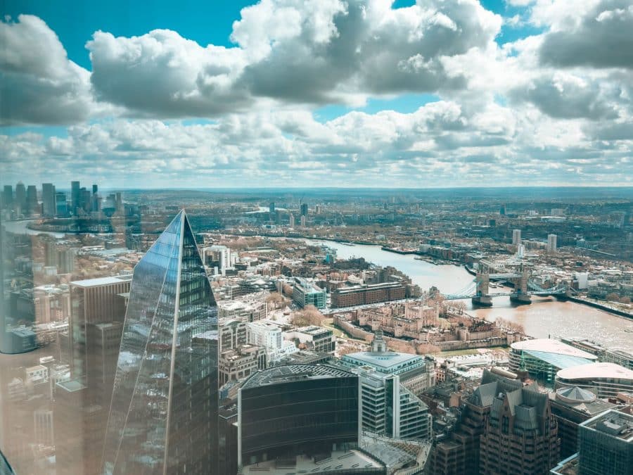 View across The River Thames, Tower Bridge and the Tower of London to Canary Wharf at The Lookout at 8 Bishopsgate, Free viewing platforms in London