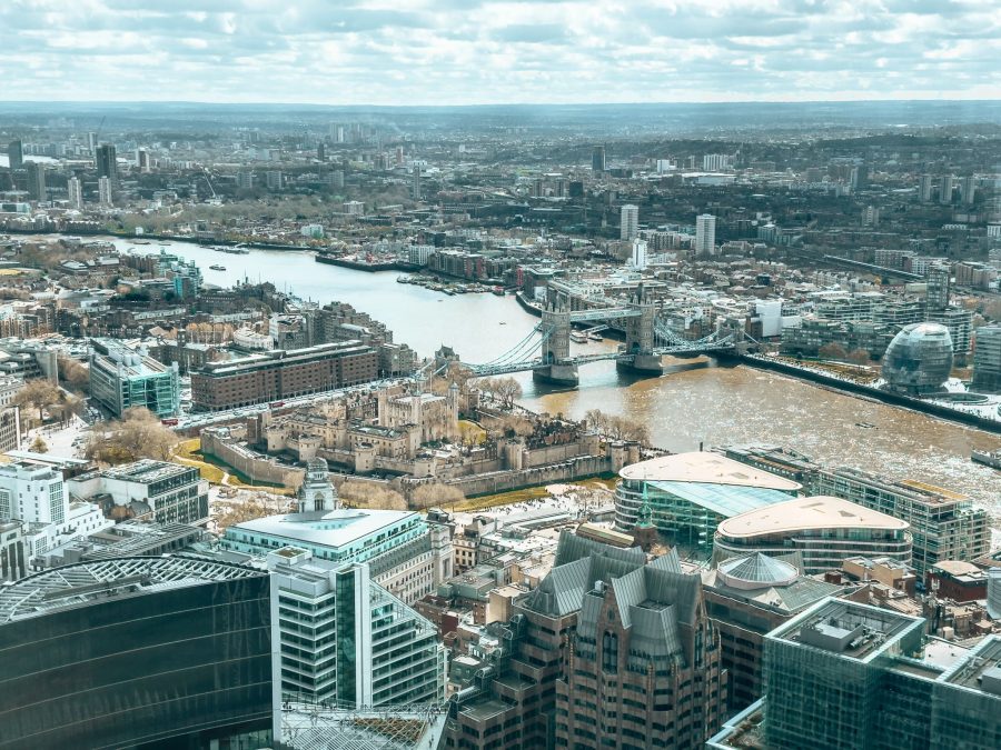 View over Tower Bridge, The Tower of London, The Thames and many skyscrapers from the Horizon 22 Viewing Platform, London