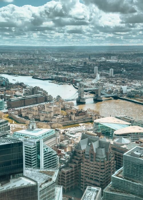 View over Tower Bridge, The Tower of London, The Thames and many skyscrapers from the Horizon 22 Viewing Platform, London