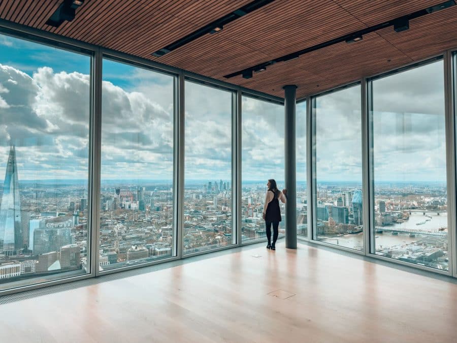 Helen in the viewing gallery at The Lookout at 8 Bishopsgate, best viewpoints in London