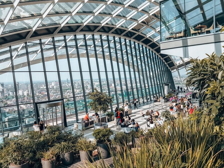 The cafe and indoor gardens at the Sky Garden London