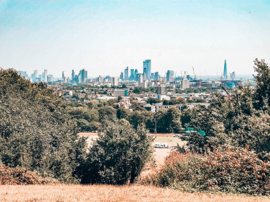 View of the vast London Skyline from the top of Parliament Hill in Hampstead Heath, one of London's best parks