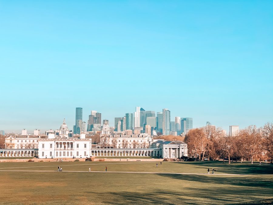 View of Maritime Greenwich and Canary Wharf from Greenwich Park Royal Observatory, London