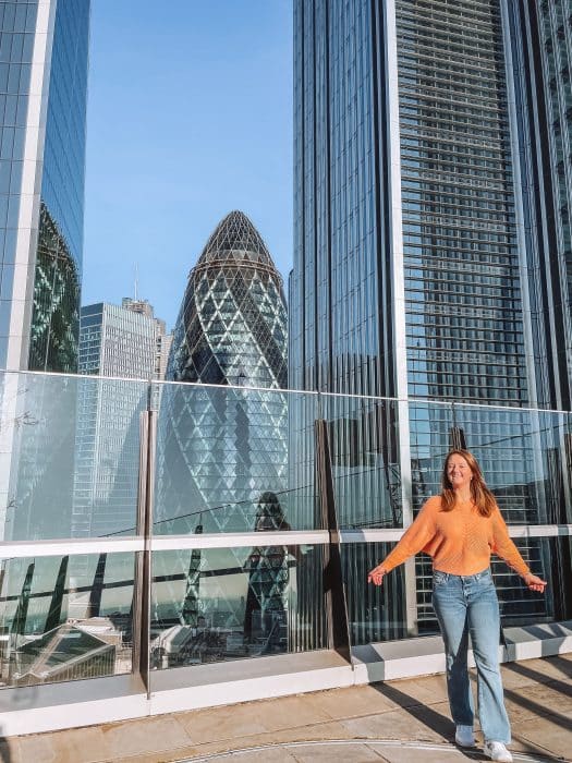 Helen stood in front of The Gherkin at the Garden at 120, one of the best free viewpoints in London