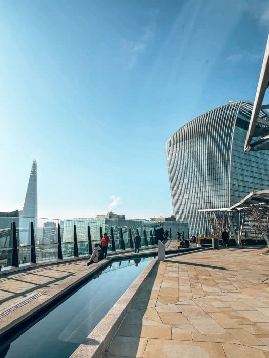 Water feature leading to the view of The Shard and The Walkie Talkie Building at The Garden at 120 Fenchurch Street, best viewpoints in London