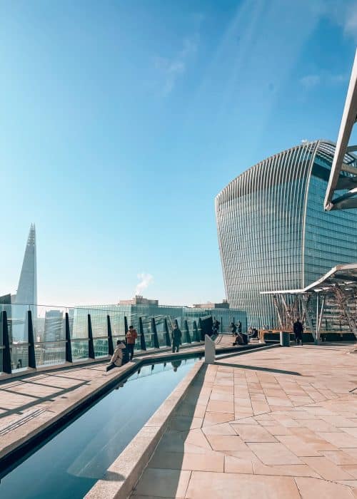 Water feature leading to the view of The Shard and The Walkie Talkie Building at The Garden at 120 Fenchurch Street, best views of London