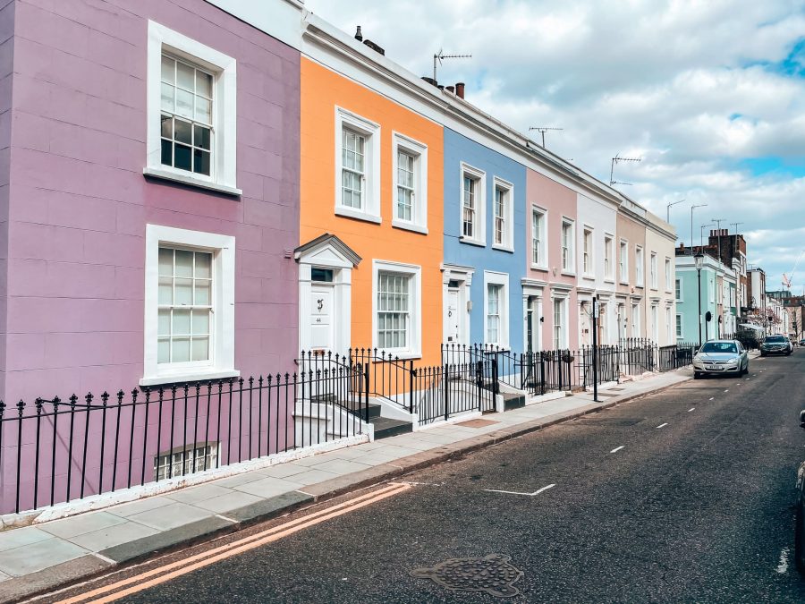 A row of colourful houses in Hillgate Place, Notting Hill, London