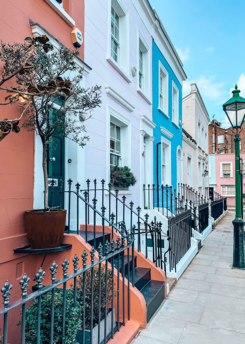 Bold-coloured terrace houses on Callcott Street one of London's prettiest Streets