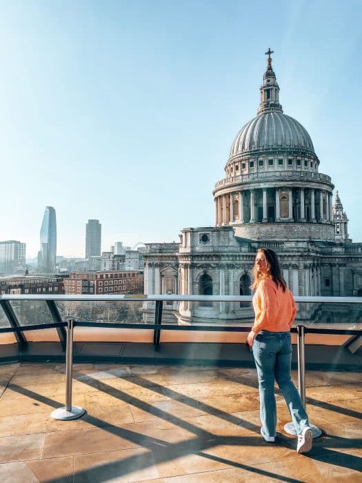 Helen stood in front of the dome of St Paul's Cathedral at One New Change Rooftop, London