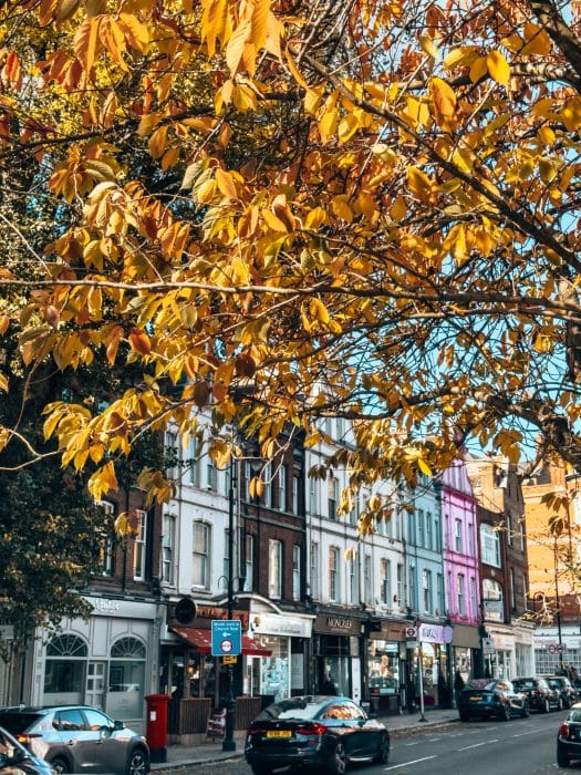 View of colourful buildings in Hampstead Village, North London