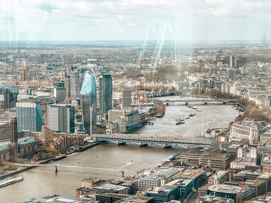 View across West London of the London Eye, River Thames, Big Ben and Westminster from Horizon 22, the highest viewing platform in London