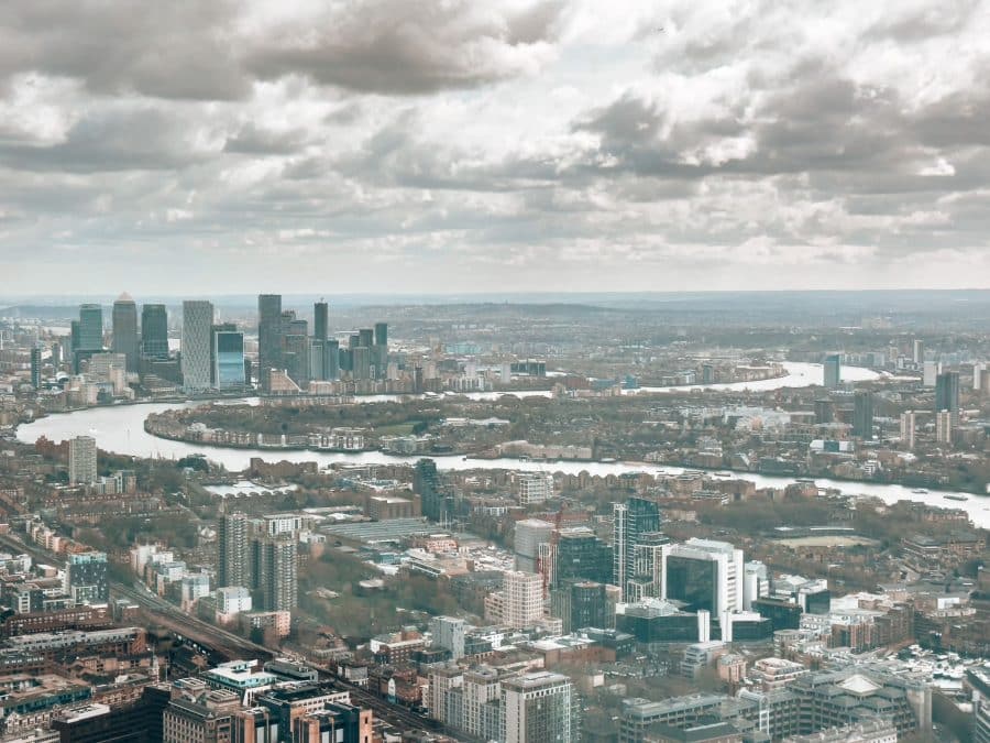 View from Horizon 22, the highestm viewing platform in London out to Canary Wharf and the winding River Thames